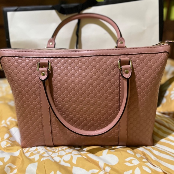 Gucci Guccissima Zip Top Handbag Purse Pink Gg Leather Shoulder Bag - Picture 3 of 16